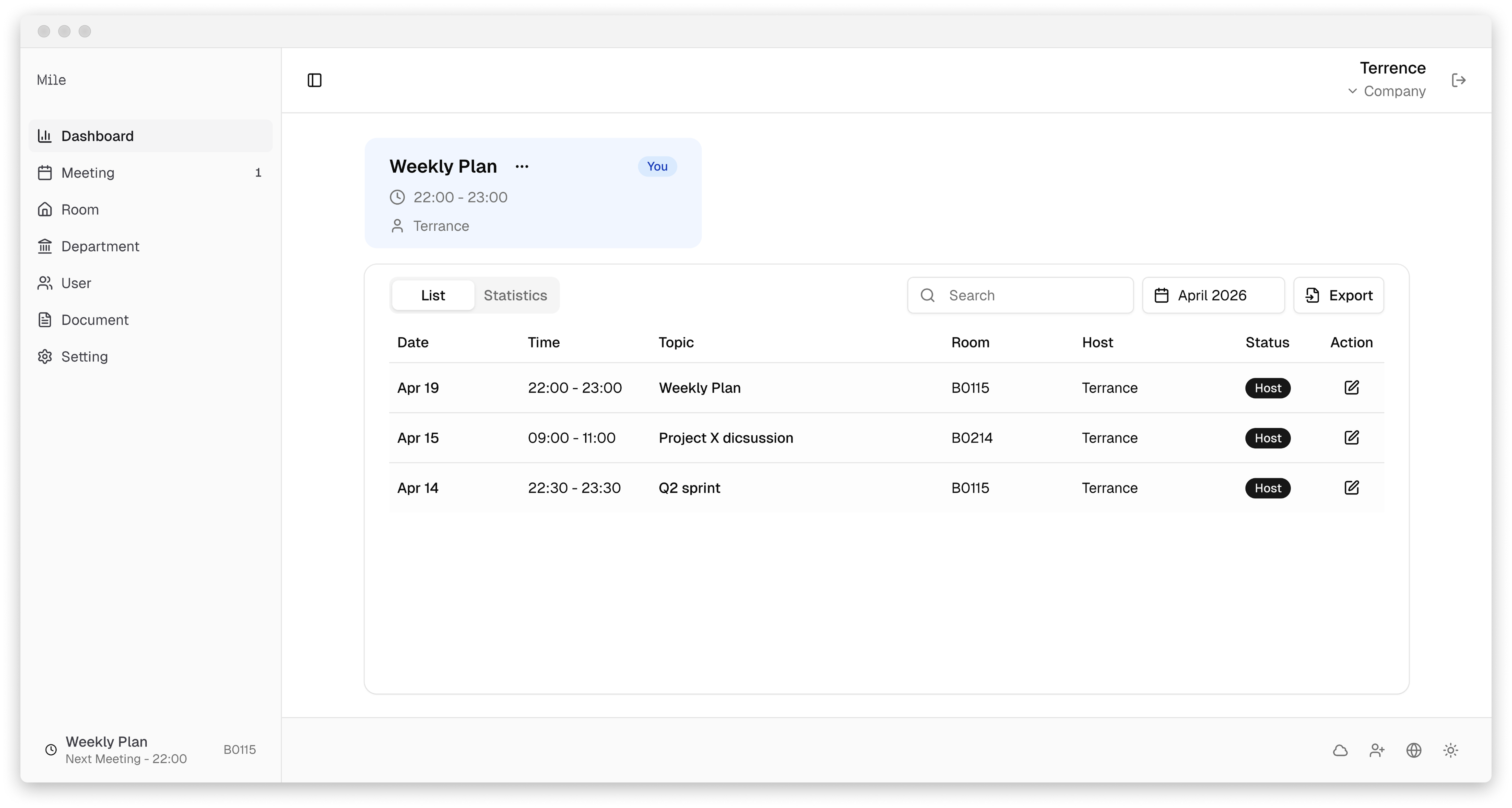 Mile platform dashboard showing meeting schedules and statistics